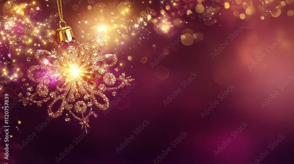 Sparkling snowflake ornament hanging against a rich purple and gold background. Festive holiday image. Sparkling snowflake ornament hanging against a rich purple and gold background. Festive holiday image.