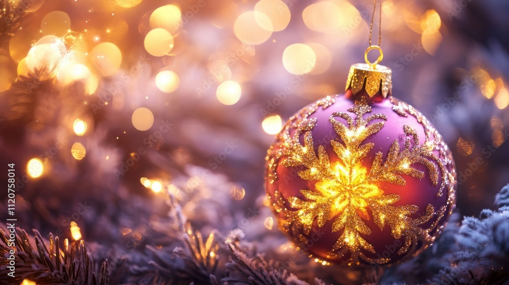 Glimmering purple ornament with gold snowflake design hangs on a snowy evergreen branch, surrounded by warm lights. Glimmering purple ornament with gold snowflake design hangs on a snowy evergreen branch, surrounded by warm lights.