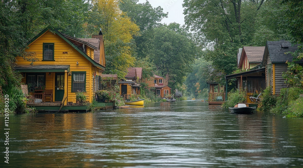 Quaint waterfront houses line a calm river on an overcast day. Quaint waterfront houses line a calm river on an overcast day.