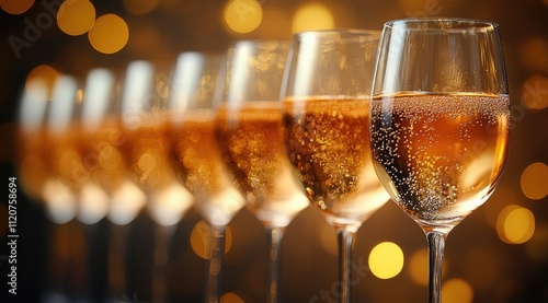 Row of champagne flutes filled with sparkling ros? wine against a bokeh background. photo