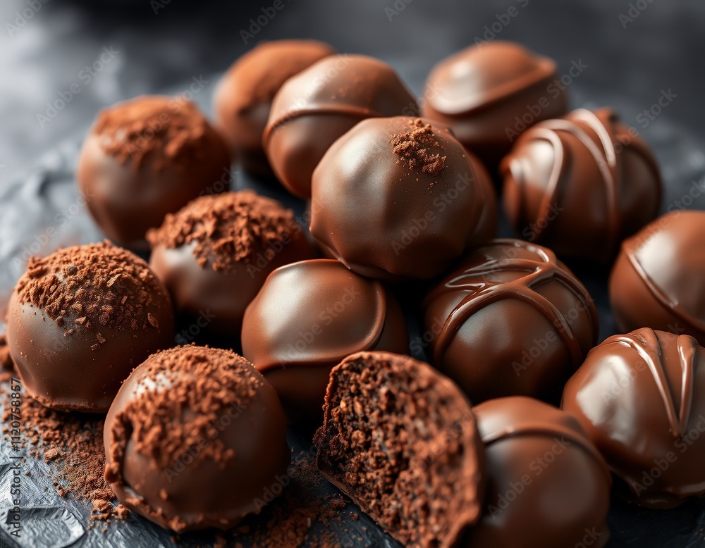Close-up of assorted dark chocolate truffles on dark background. Close-up of assorted dark chocolate truffles on dark background.