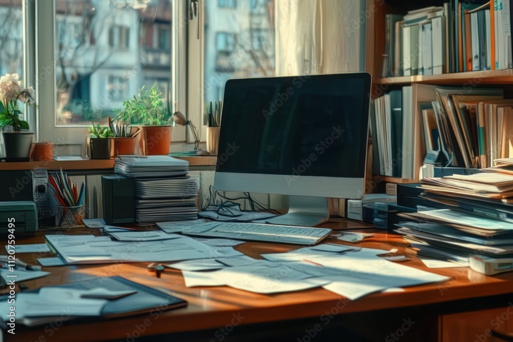 Cluttered Home Office Desk with Papers, Computer, and Notebook in Cozy Workspace Cluttered Home Office Desk with Papers, Computer, and Notebook in Cozy Workspace