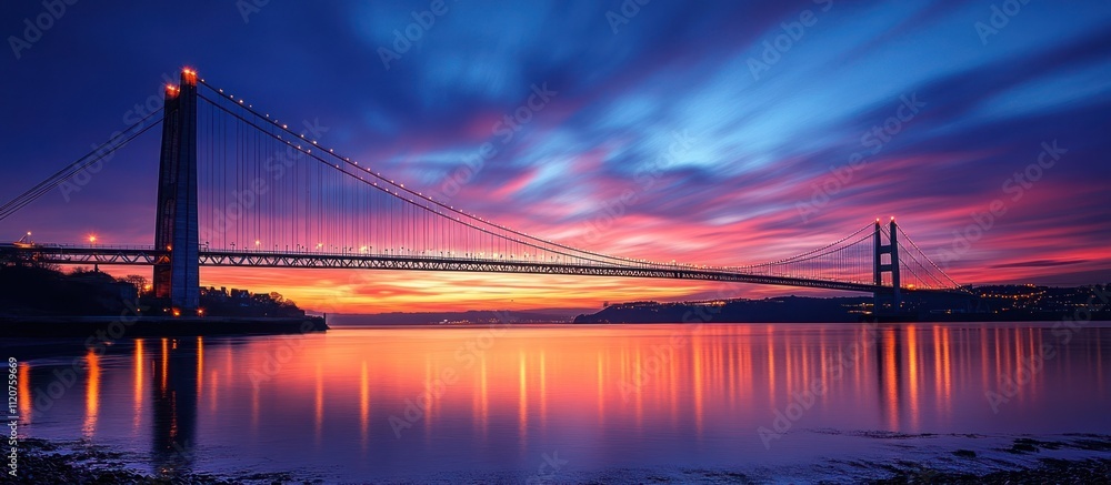 Obraz premium Suspension bridge silhouetted against a vibrant, colorful sunset with a reflection in the water.