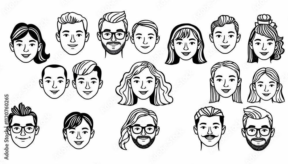 Collection of diverse hand-drawn faces. Collection of diverse hand-drawn faces.