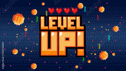 LEVEL UP text with gold coin ,with life hearts indicator on blue background.pixel art .8 bit game.retro game. for game assets in vector illustrations.	