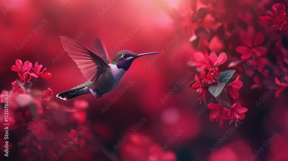 Fototapeta premium Pink blooming hummingbird in a wooded environment. Flying in a natural tropical wood habitat, red flower, green violet ear, Colibri thalassinus