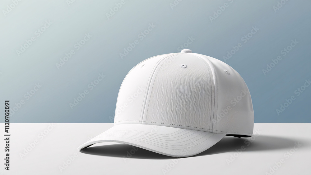 A close-up view of a blank white baseball cap on a minimalist background A close-up view of a blank white baseball cap on a minimalist background