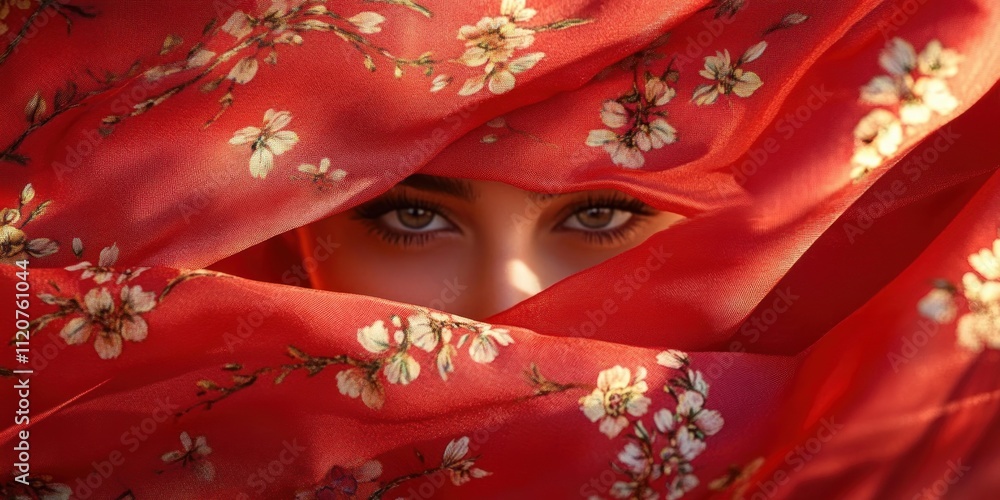 Intense Green Eyes of Spanish Woman with Freckles Surrounded by Red Fans in Romantic Summer Seduction Intense Green Eyes of Spanish Woman with Freckles Surrounded by Red Fans in Romantic Summer Seduction