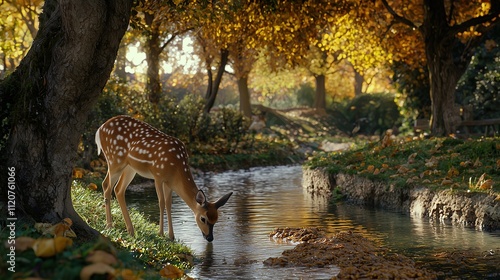 Deer in Autumn Woodland Landscape photo