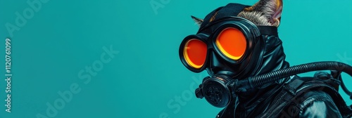 Cat in a gas mask with vibrant background. photo