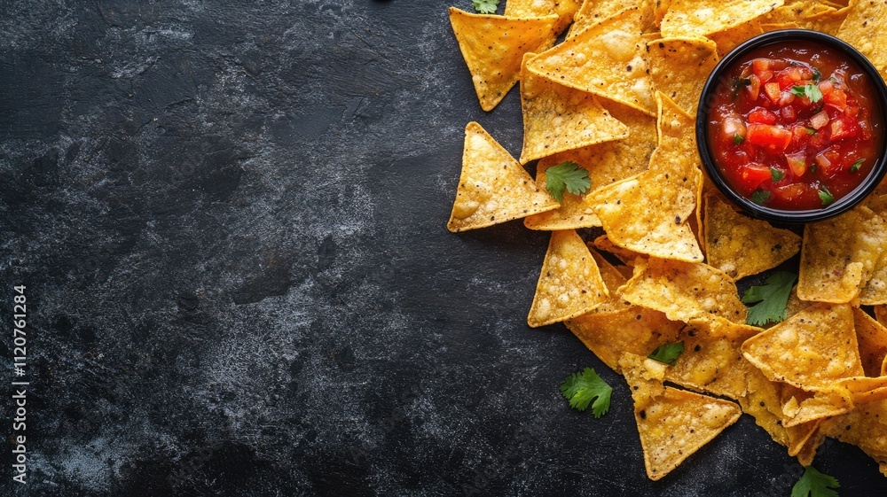 Tortilla chips with bowl of salsa on dark background Tortilla chips with bowl of salsa on dark background