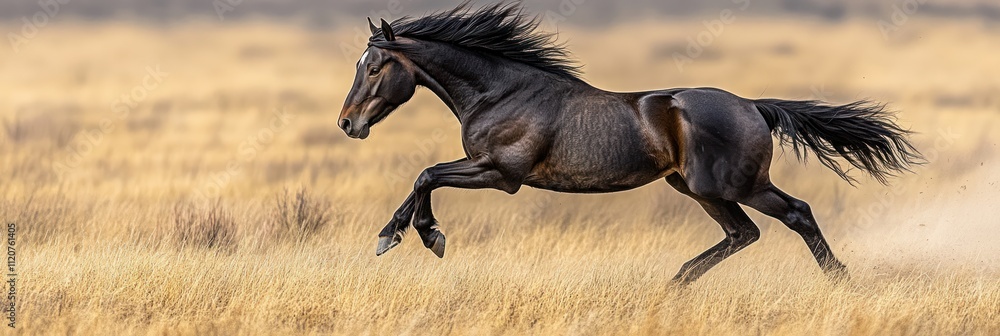 Fototapeta premium A horse galloping across a golden grass field.