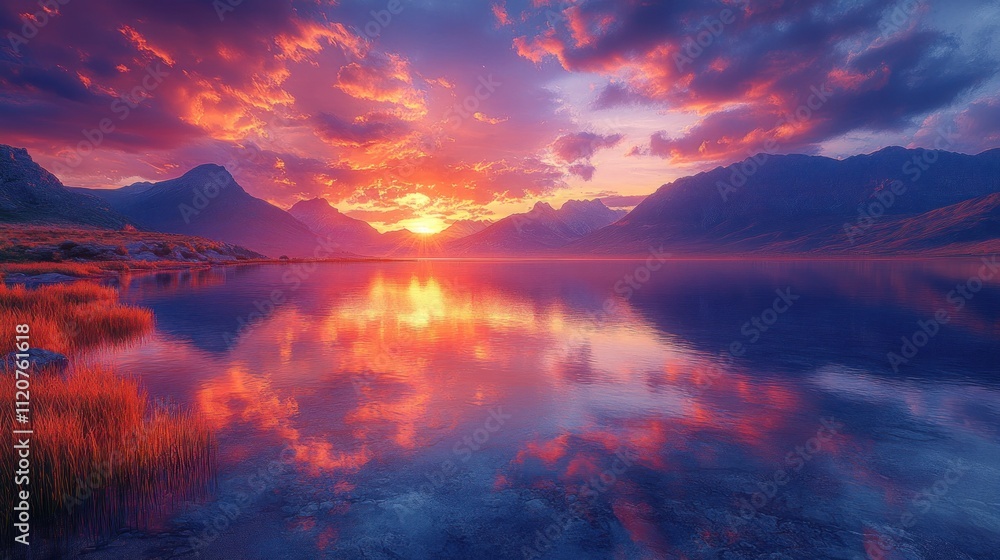 A Serene Sunset Landscape Over a Tranquil Oasis with Vibrant Clouds and Mountain Reflections in Still Waters A Serene Sunset Landscape Over a Tranquil Oasis with Vibrant Clouds and Mountain Reflections in Still Waters