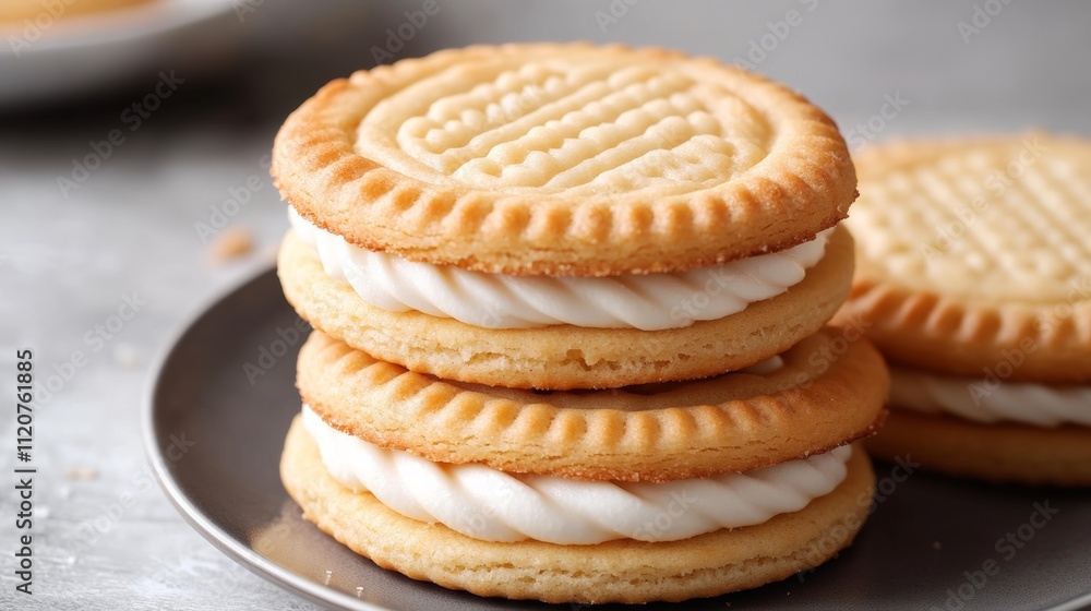 Cream-filled cookies stacked on a plate ready to be enjoyed during a cozy afternoon snack Cream-filled cookies stacked on a plate ready to be enjoyed during a cozy afternoon snack