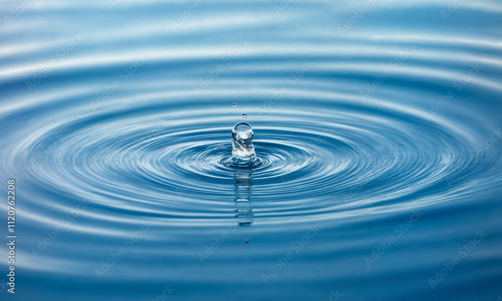 A single water droplet creates concentric ripples on a serene blue surface, capturing the elegance of motion and the tranquility of nature. This image symbolizes simplicity, purity, and the ripple eff A single water droplet creates concentric ripples on a serene blue surface, capturing the elegance of motion and the tranquility of nature. This image symbolizes simplicity, purity, and the ripple eff