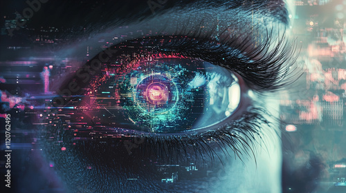 The image showcases a close-up view of an eye, wherein the iris is transformed into a visually striking representation of digital technology. The eye is detailed with beautifully defined eyelashes and photo