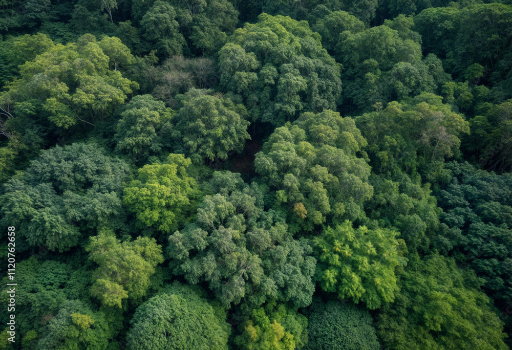 Naklejka premium A vibrant aerial view of a dense green forest, showcasing the beauty of tree canopies in varying shades of green. This image highlights the richness of nature and the importance of preserving the ecos