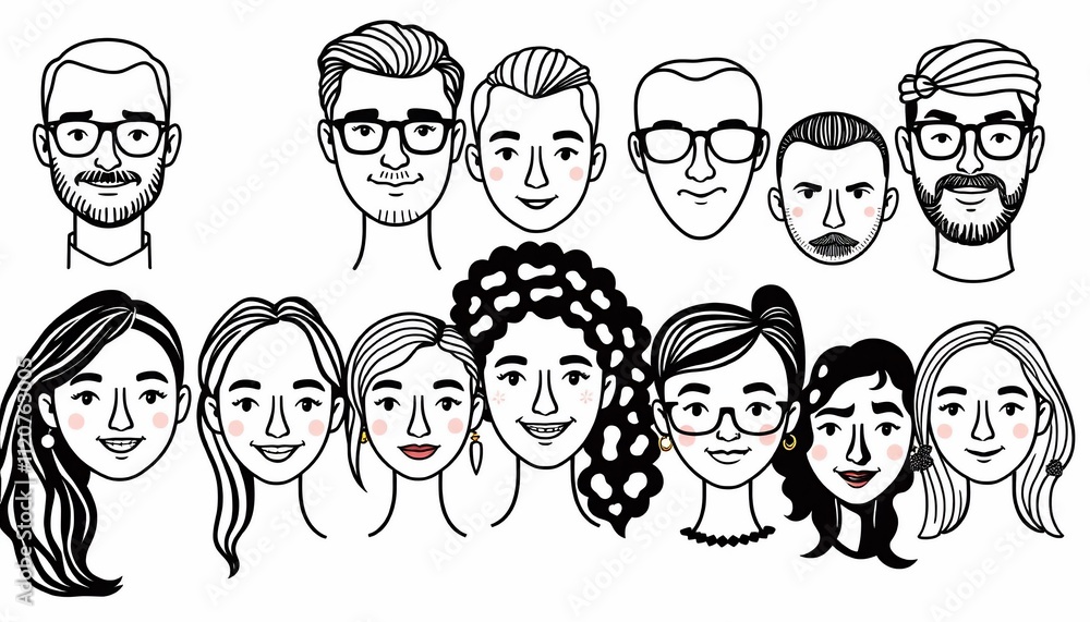 Diverse group of illustrated faces, men and women.