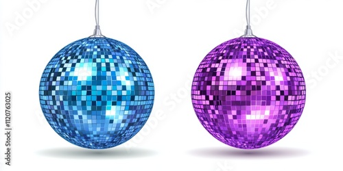 Colorful disco balls hang against a white background, adding vibrant energy to any festive event or party decoration photo