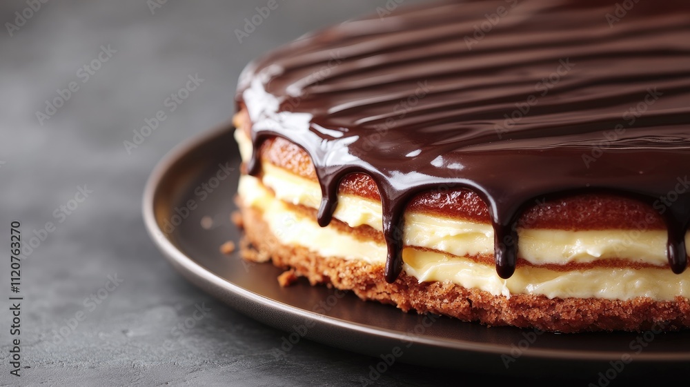 Moist layered cake topped with rich chocolate glaze Moist layered cake topped with rich chocolate glaze