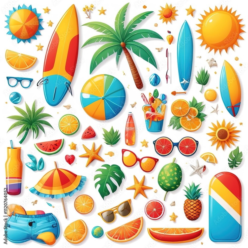 Fun and colorful summer collection, featuring icons and design elements, isolated on white. Fun and colorful summer collection, featuring icons and design elements, isolated on white.