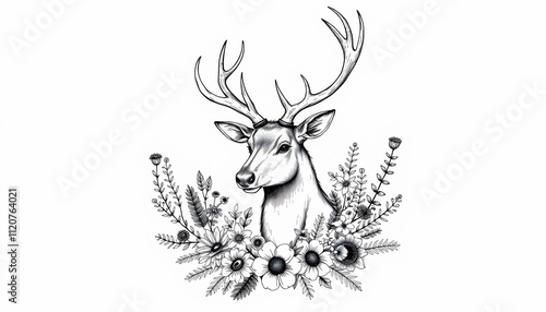 Elegant deer head surrounded by floral wreath. photo