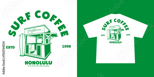 vintage illustration of surf and coffee. Can be used as Sticker, posters, prints. Retro cartoon style. Vector illustration