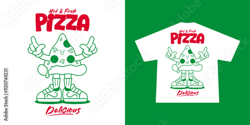 Funny cartoon character of pizza. Can be used as Sticker, posters, prints. Retro cartoon style. Vector illustration