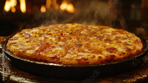 Steaming, golden-brown potato cake in cast iron skillet, near fire. photo