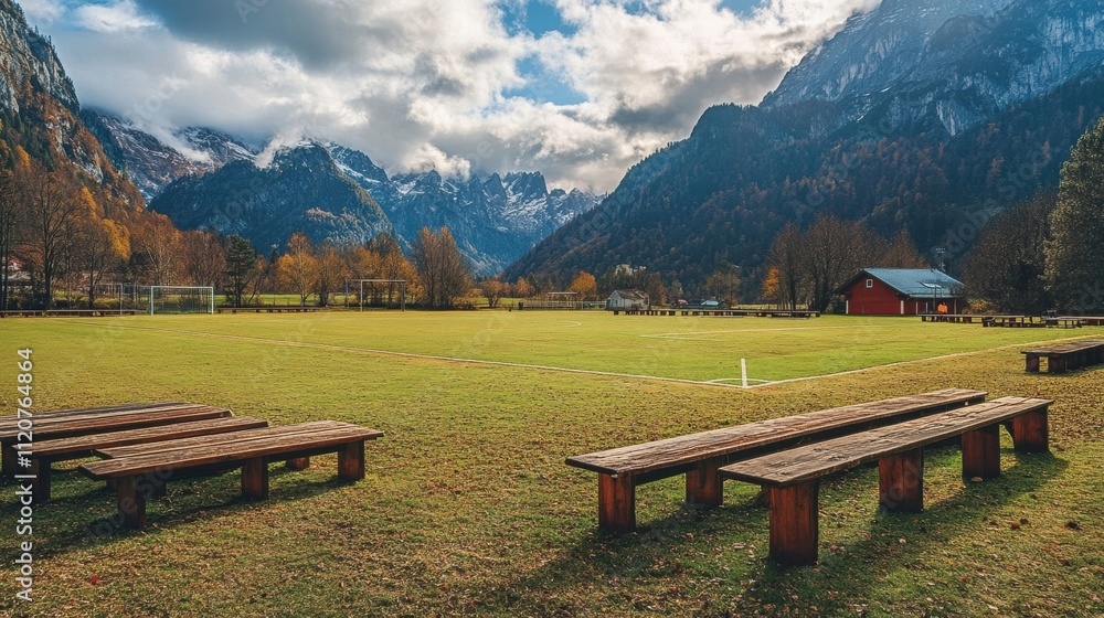 Mountain Valley Soccer Field with Wooden Benches Mountain Valley Soccer Field with Wooden Benches