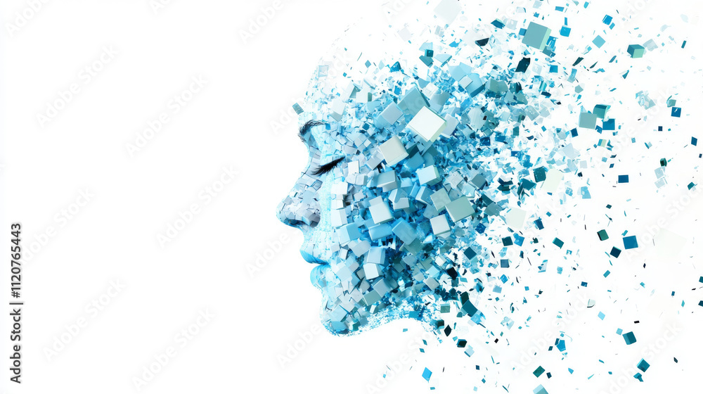 Abstract human visage disintegrating into pixelated fragments, showcasing blend of blue tones and geometric shapes, evoking sense of transformation and digital art Abstract human visage disintegrating into pixelated fragments, showcasing blend of blue tones and geometric shapes, evoking sense of transformation and digital art