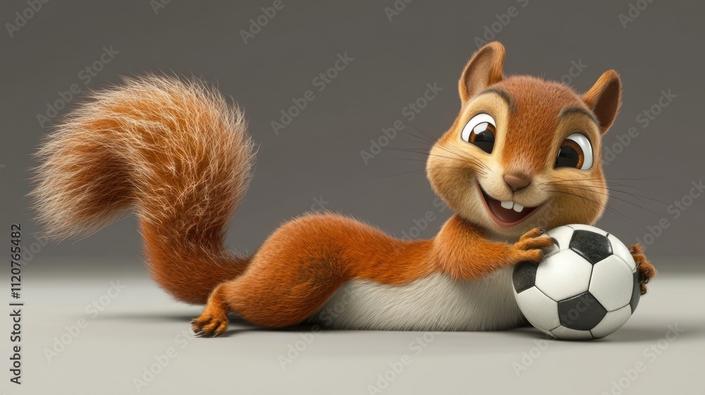Cheerful squirrel playing with a soccer ball. Cheerful squirrel playing with a soccer ball.