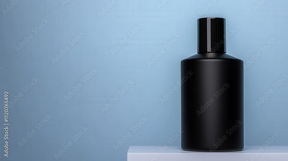 sleek black bottle stands against soft blue background, showcasing modern design and elegance. Perfect for cosmetic or fragrance display sleek black bottle stands against soft blue background, showcasing modern design and elegance. Perfect for cosmetic or fragrance display