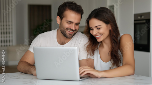 Happy young married couple looking at laptop together at cozy home office 