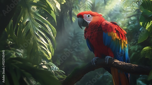 Wallpaper Mural Scarlet macaw perched on a branch in a lush rainforest, sunlight filtering through leaves. Torontodigital.ca