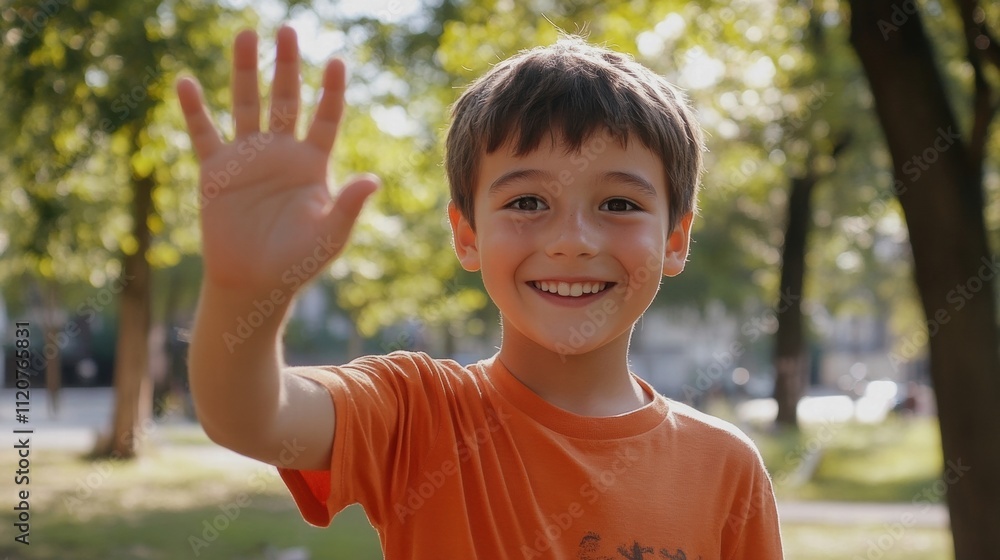 Happy Boy Waving Hello in Park Happy Boy Waving Hello in Park