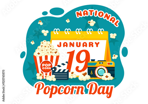 National Popcorn Day Vector Illustration on January 19th Featuring a Big Box of Popcorn for Enjoying Movies in a Flat Style Cartoon Background