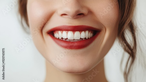 A close-up of a smiling woman showcasing bright teeth and red lipstick.