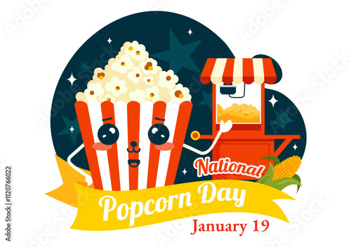 National Popcorn Day Vector Illustration on January 19th Featuring a Big Box of Popcorn for Enjoying Movies in a Flat Style Cartoon Background