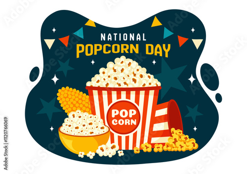 National Popcorn Day Vector Illustration on January 19th Featuring a Big Box of Popcorn for Enjoying Movies in a Flat Style Cartoon Background