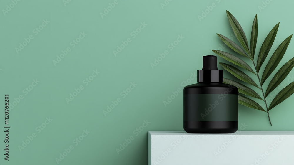 sleek black bottle sits on mint green surface, accompanied by green leaf, creating fresh and modern aesthetic. Ideal for beauty or wellness products sleek black bottle sits on mint green surface, accompanied by green leaf, creating fresh and modern aesthetic. Ideal for beauty or wellness products