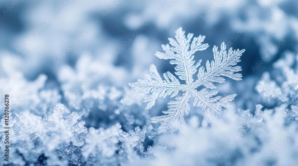A close-up of a snowflake resting on a bed of snow, showcasing intricate patterns and details. A close-up of a snowflake resting on a bed of snow, showcasing intricate patterns and details.