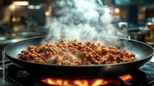 Steaming stir-fry in a hot pan.