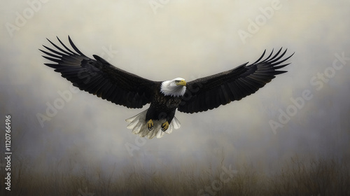 Wallpaper Mural bald eagle soaring gracefully with its wings spread wide, showcasing its majestic feathers against soft, muted background. scene evokes sense of freedom and power Torontodigital.ca