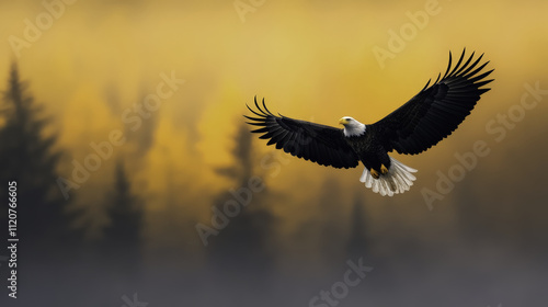 Wallpaper Mural bald eagle soaring gracefully above misty autumn forest, showcasing its majestic wings against backdrop of golden hues. scene evokes sense of freedom and tranquility Torontodigital.ca