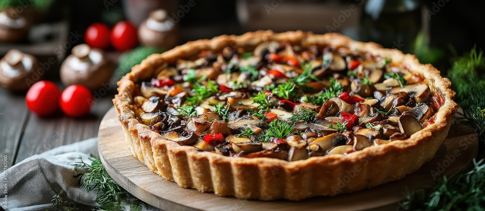 Delicious mushroom quiche with red peppers and herbs, freshly baked in a crust and served on a wooden board. Delicious mushroom quiche with red peppers and herbs, freshly baked in a crust and served on a wooden board.