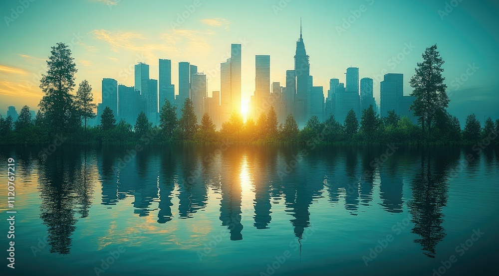 Sunrise cityscape reflected in calm water. Sunrise cityscape reflected in calm water.