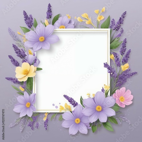 Invitation background with purple flowers with pastel shades of pink, yellow, and lavender