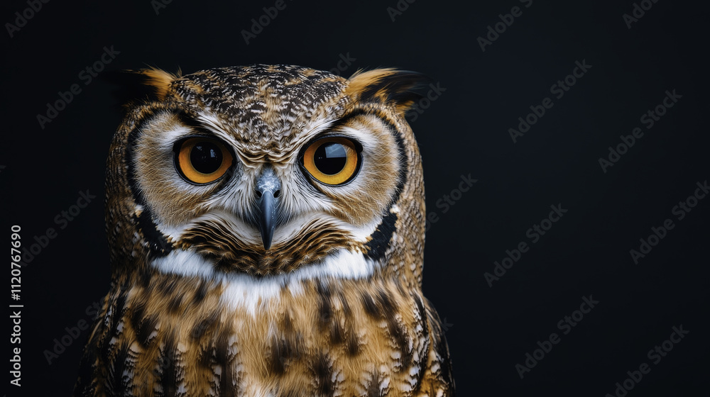 close up of great horned owl face, showcasing its striking yellow eyes and intricate feather patterns. dark background enhances its majestic presence and fierce expression close up of great horned owl face, showcasing its striking yellow eyes and intricate feather patterns. dark background enhances its majestic presence and fierce expression