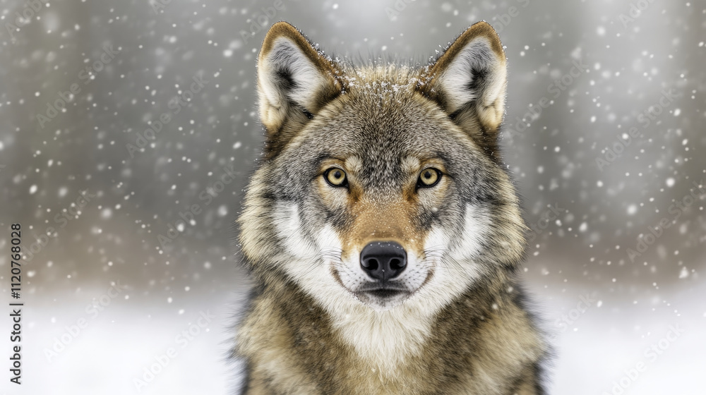 close up of wolf face in snow, showcasing its intense gaze and detailed fur. snowy background adds serene atmosphere to this majestic animal close up of wolf face in snow, showcasing its intense gaze and detailed fur. snowy background adds serene atmosphere to this majestic animal